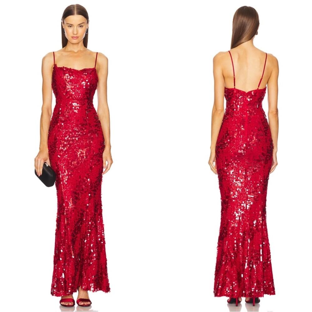 MICHAEL COSTELLO Marlene Sequin Embellished Red Maxi Dress Size Large